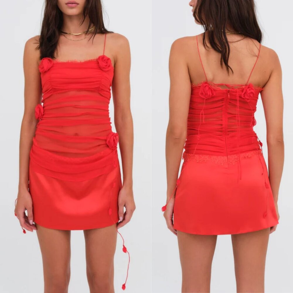 NWT For Love and Lemons Angela Chiffon Mini Dress Small Red